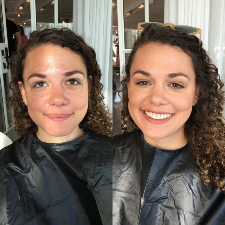 curly hair woman with sunglasses makeover before and after