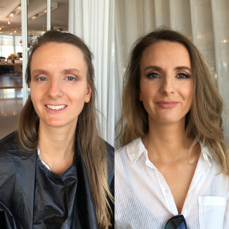Blue eyed blond hair woman makeover before and after