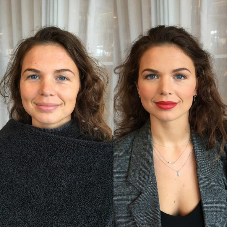 Curly hair blue eyed woman with red lips makeover before and after