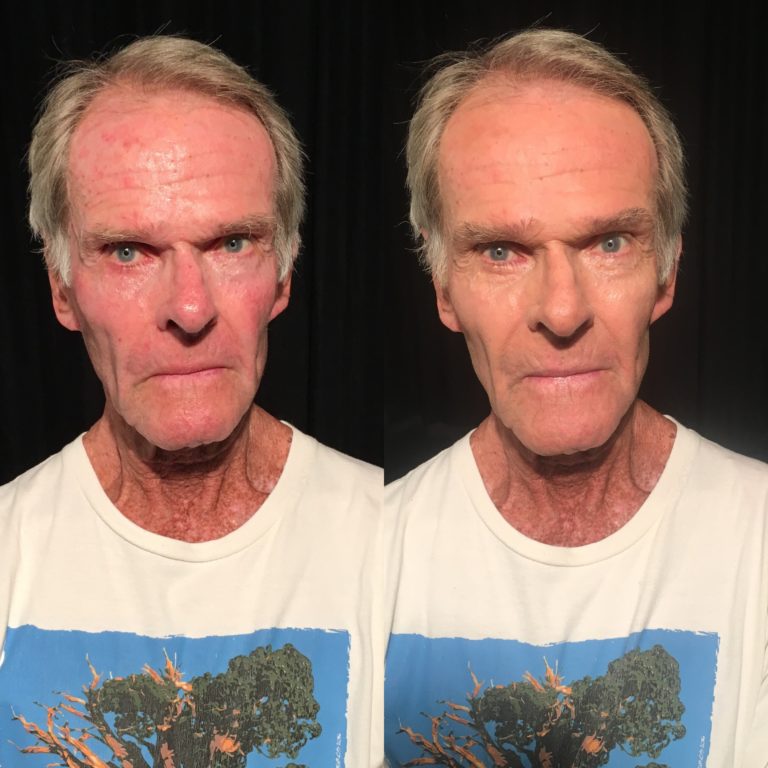 Old man with blue eyes and makeup before and after