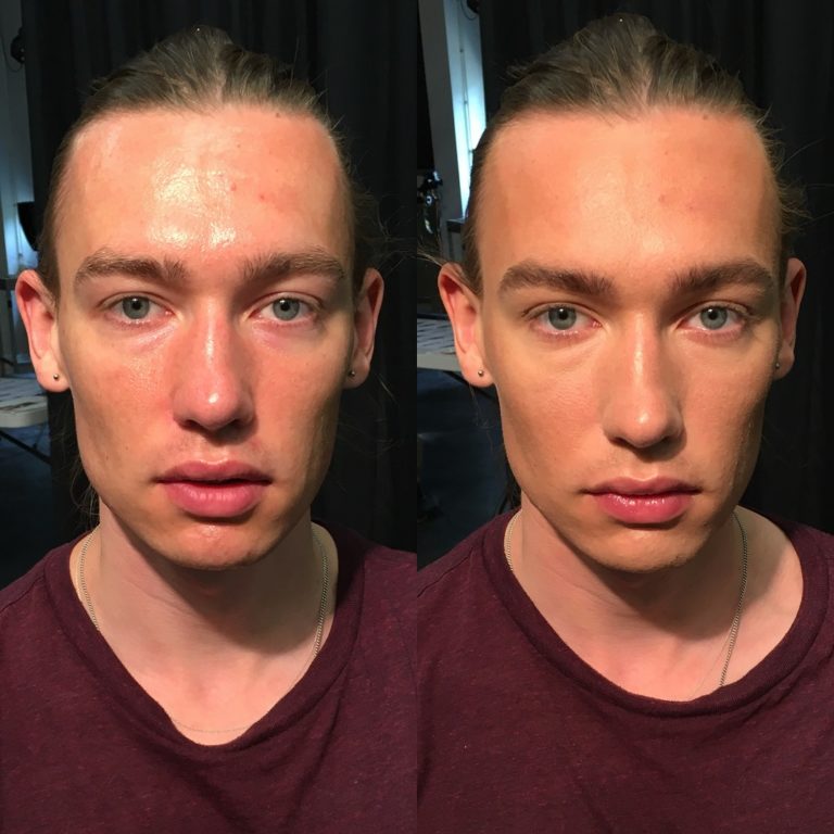 Male model with blue eyes makeup makeover