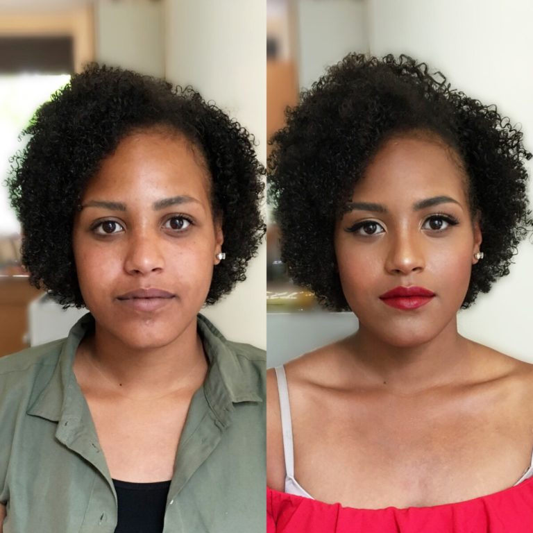 Dark skin beauty with natural hair and red lips makeup makeover