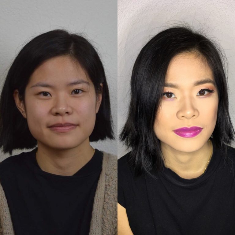 Asian beauty with long bob haircut and purple lipstick