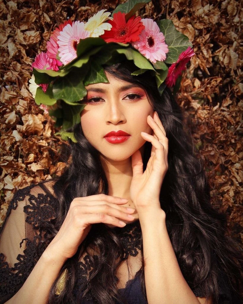 makeup photography of asian woman wearing a flower crown and red lipstick